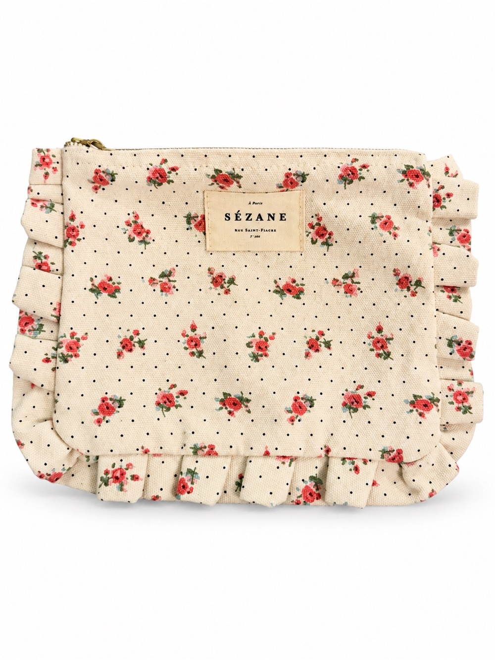 Sézane Cream Floral Ruffle Cosmetic Pouch